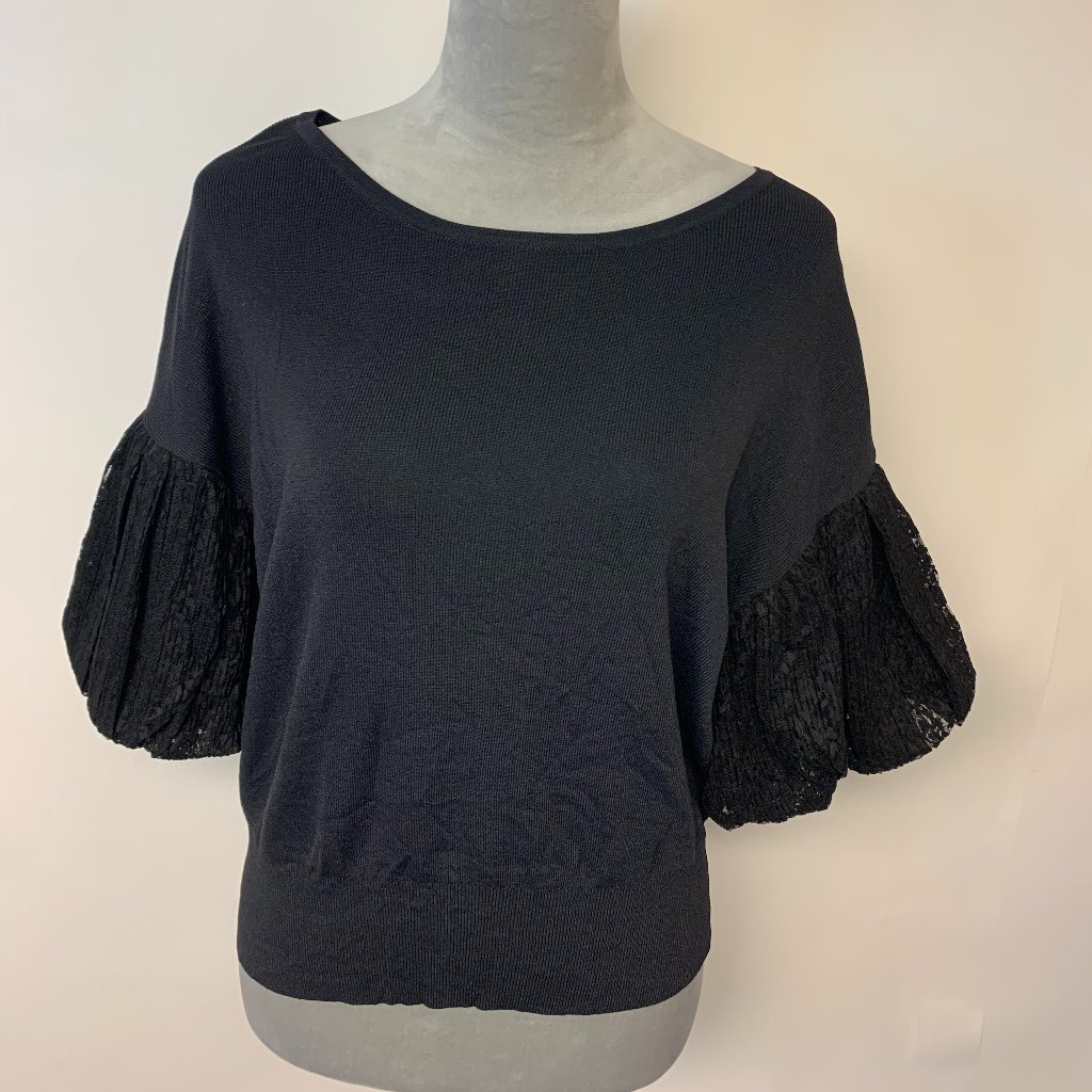 Express Womens Sweater Sz S/P Black Puff Sleeves Lace Feminine 90's Vintage